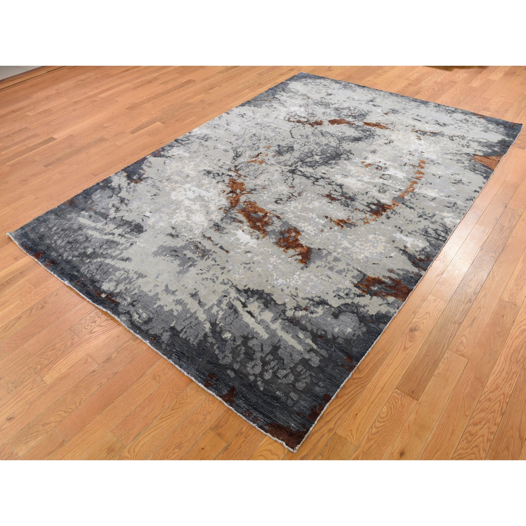 6'x9'1" HiLow Pile Abstract Design Wool And Silk Hand Knotted Oriental